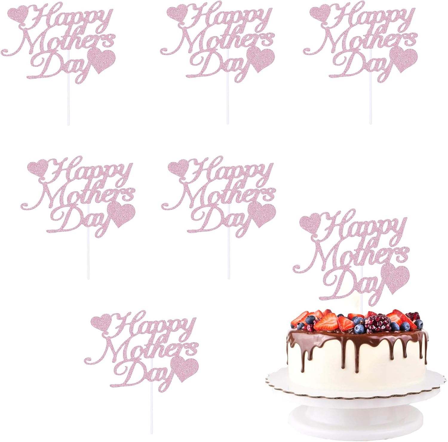 KIPETTO Happy Mother's Day Cake Toppers 20Pcs Glitter Heart Cupcake Topper for Mother's Day Mom's Birthday Party Cake Decoration, Pink