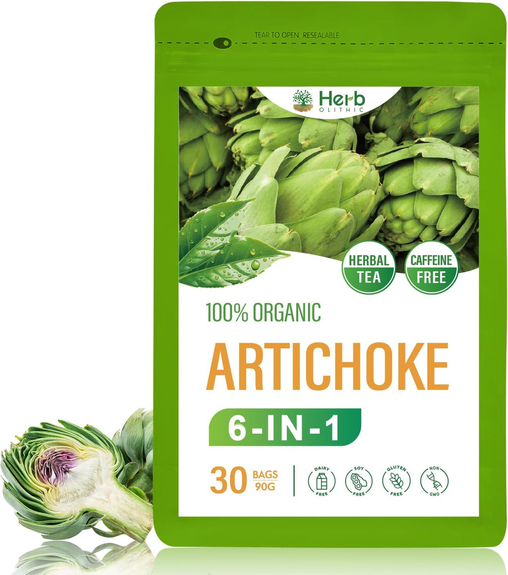 HerbOLITHIC Artichoke Extract Liver Health Tea bag, 6-in-1 Herbal Tea for Detox Cleanse Support w/Milk Thistle Burdock Bupleurum. Ultra-concentrated, Caffeine Free, 30 Individually Wrapped Bags