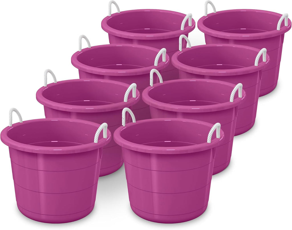 Life Story 8 Pack Open Storage Bucket, Round Plastic Container with Rope Handles, 17 Gallon, Purple