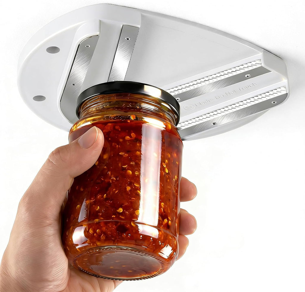 Mount-on Cabinet Jar Opener for Weak Hands,Seniors with Arthritis,Double U Shaped Grooves Grip Bottle Opener for Any Size Lid,304 Stainless Steel One-Handed Can Opener Tool for Home Assistance,White