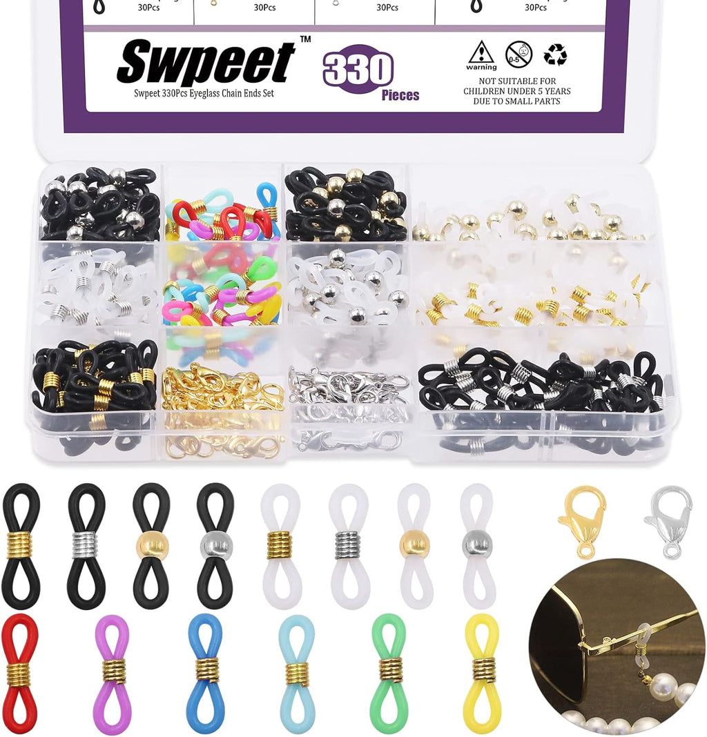 Swpeet 330Pcs Gold and Silver 3/4" Adjustable Silicone Eyeglass Chain Ends Spectacle End Connectors and 15/32" Stainless Steel Lobster Claw Clasps Kit, Bracelet Necklace Clasps Anti Spring Connector