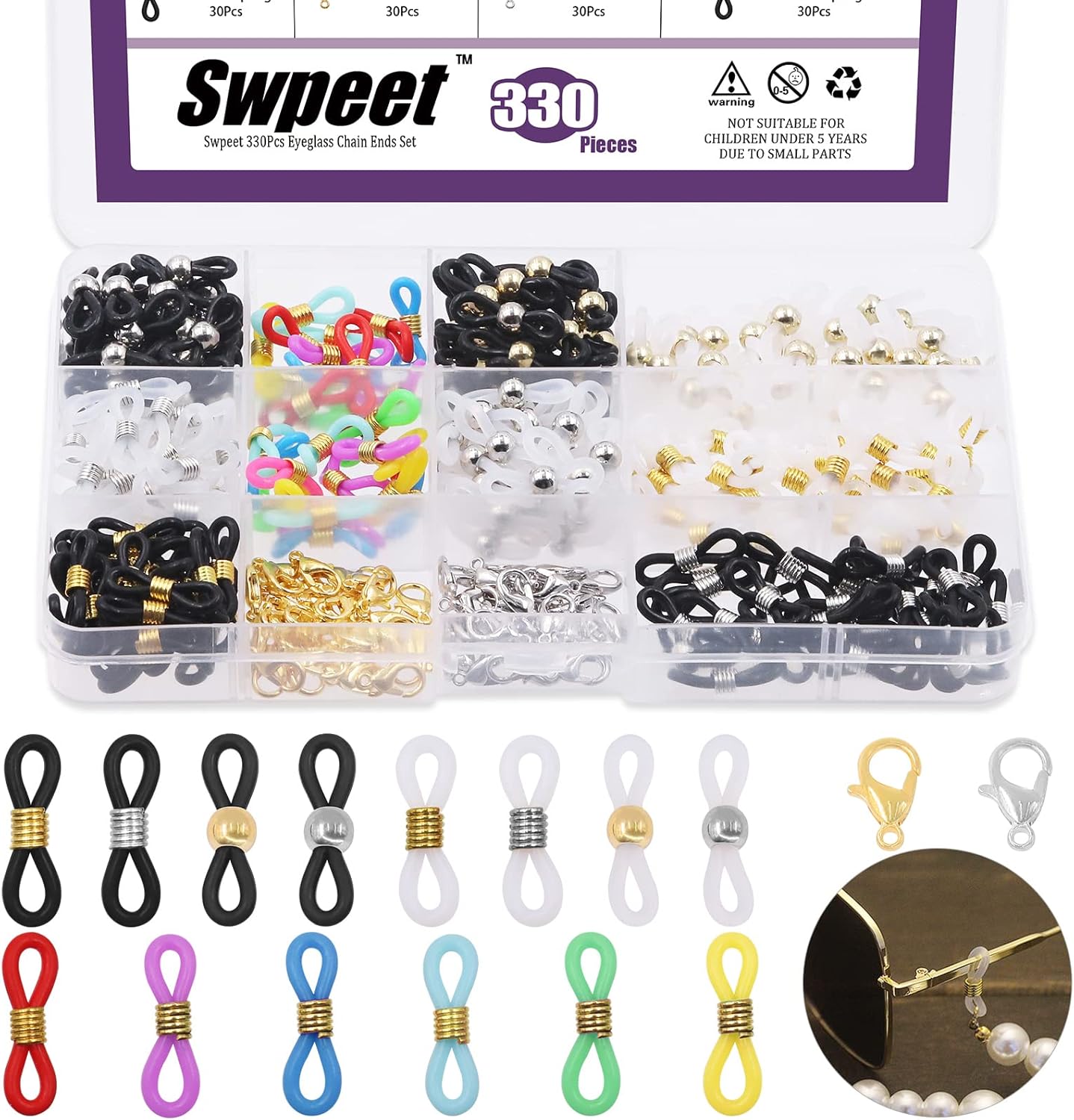 Swpeet 330Pcs Gold and Silver 3/4" Adjustable Silicone Eyeglass Chain Ends Spectacle End Connectors and 15/32" Stainless Steel Lobster Claw Clasps Kit, Bracelet Necklace Clasps Anti Spring Connector