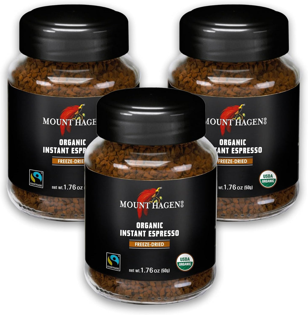 Mount Hagen Instant Espresso Coffee 3 Pack, Eco-friendly Organic Espresso Coffee Made From Medium Roast Arabica Beans, Freeze Dried Instant Coffee, Fair-Trade, Kosher [3x1.76oz/50g Jar]