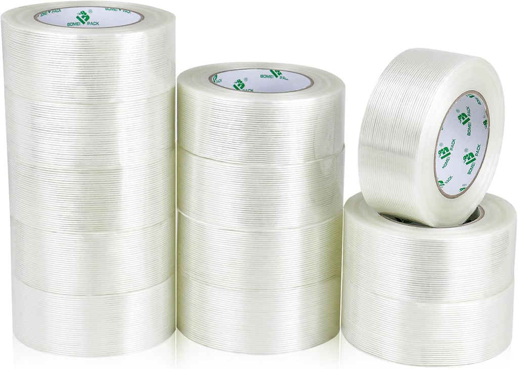 BOMEI PACK 12PACK Strapping Tape 2Inch, Heavy Duty Fiberglass Reinforced Packing Tape, 5.5Mil x 60Yds