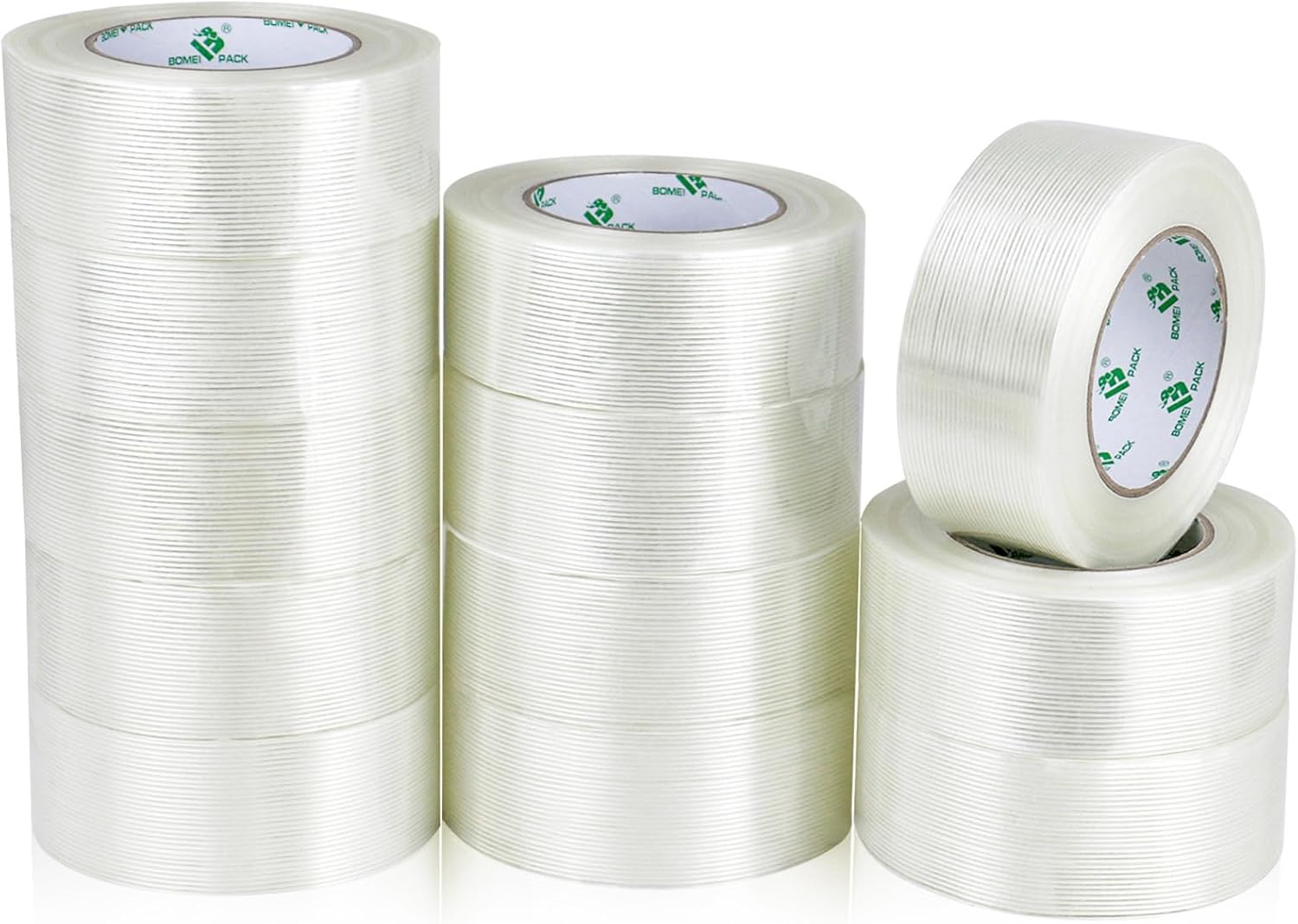 BOMEI PACK 12PACK Strapping Tape 2Inch, Heavy Duty Fiberglass Reinforced Packing Tape, 5.5Mil x 60Yds