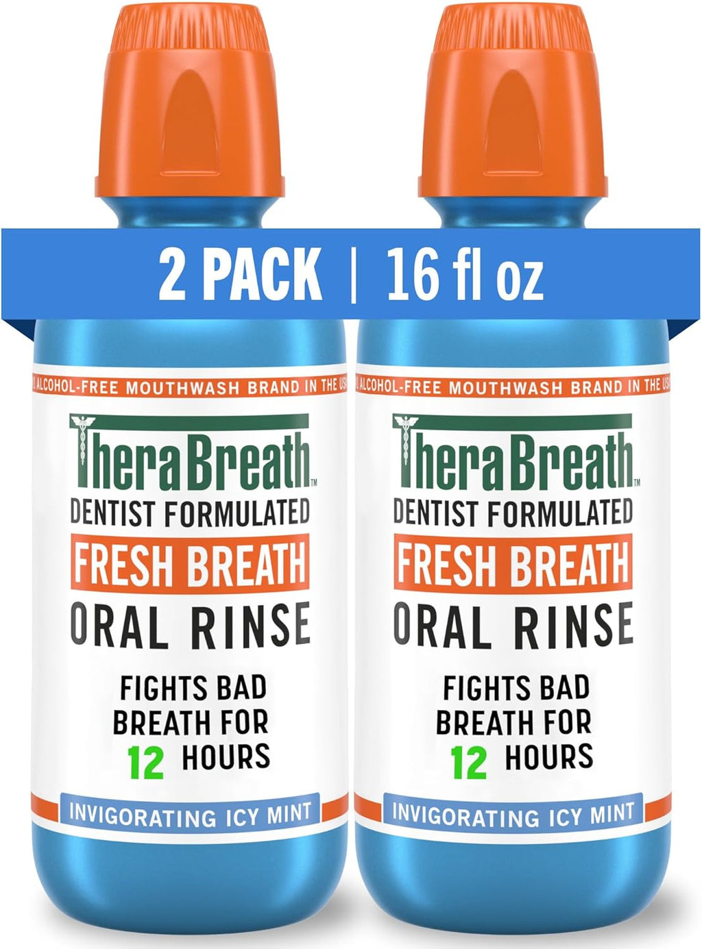 TheraBreath Fresh Breath Mouthwash, Icy Mint Flavor, Alcohol-Free, 16 Fl Oz (Pack of 2)