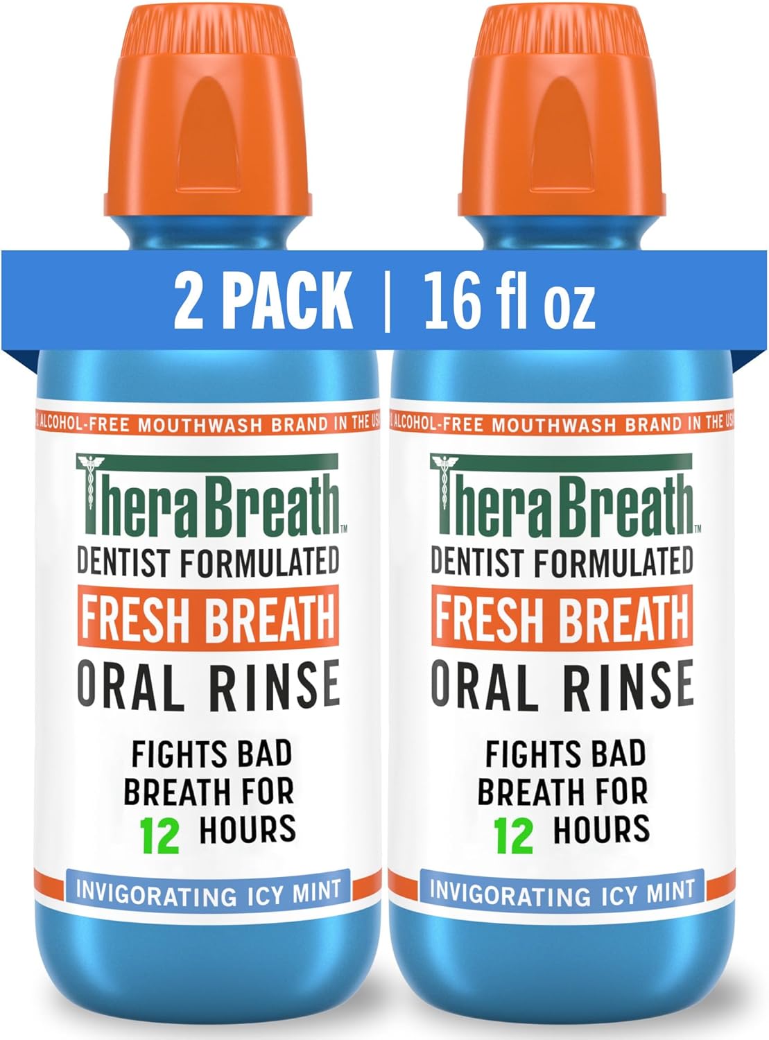 TheraBreath Fresh Breath Mouthwash, Icy Mint Flavor, Alcohol-Free, 16 Fl Oz (Pack of 2)