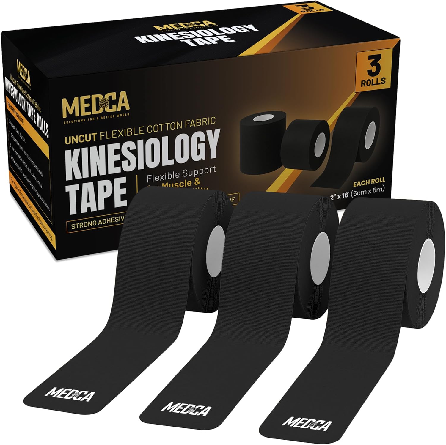 Kinesiology Tape Rolls - Pack of 3 (2 Inch x 16 Ft / 5cm x 5m) - Latex-Free, Breathable Cotton - Strong Adhesive for Muscle & Joint Support - Water-Resistant & Sweatproof for Sports & Recovery, Black