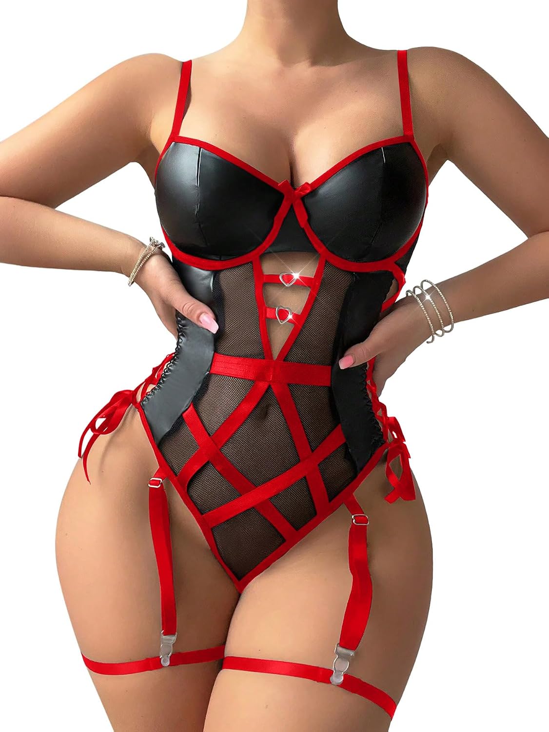 Foxiny Sexy Strappy Lace Up Underwire Sheer Leather Garter Belt Teddy Bodysuit Lingerie Top 2 Piece Set