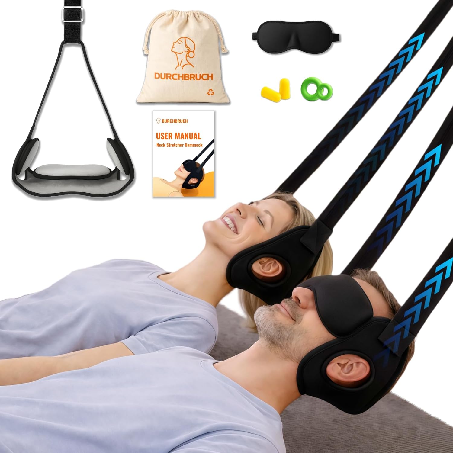 Durchbruch Neck Stretcher Hammock for Daily Neck Relief – Adjustable Cervical Traction Device with Removable Pads, Silicone Protectors, Eye Mask, Earplugs & Travel Bag