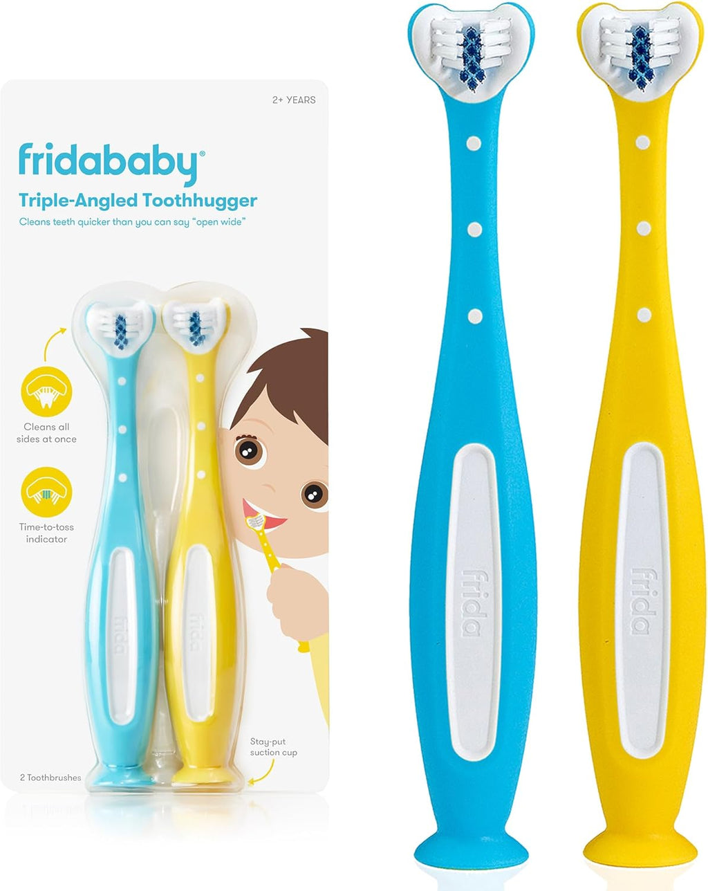 Frida Baby Triple-Angle Toothhugger Training Toddler Toothbrush | Toddler Toothbrush 2 Years and Up, Cleans All Sides at Once | 2 Pack (Yellow + Blue)