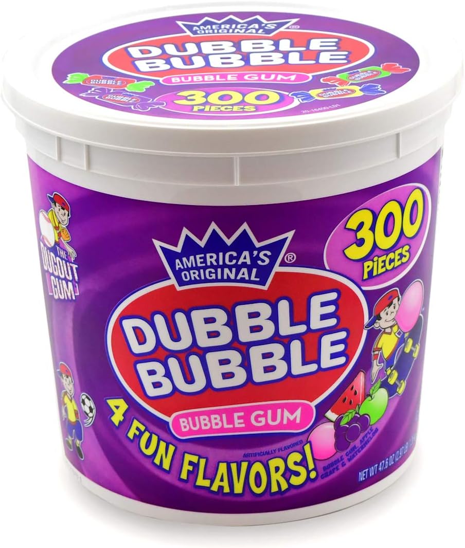 Tootsie Roll Dubble Bubble Gum - 300 Count Resealable Tub of Individually Wrapped Fruit and Bubble Gum - Original, Watermelon, Apple and Grape Flavors - Peanut and Gluten Free, 47.6 Ounce