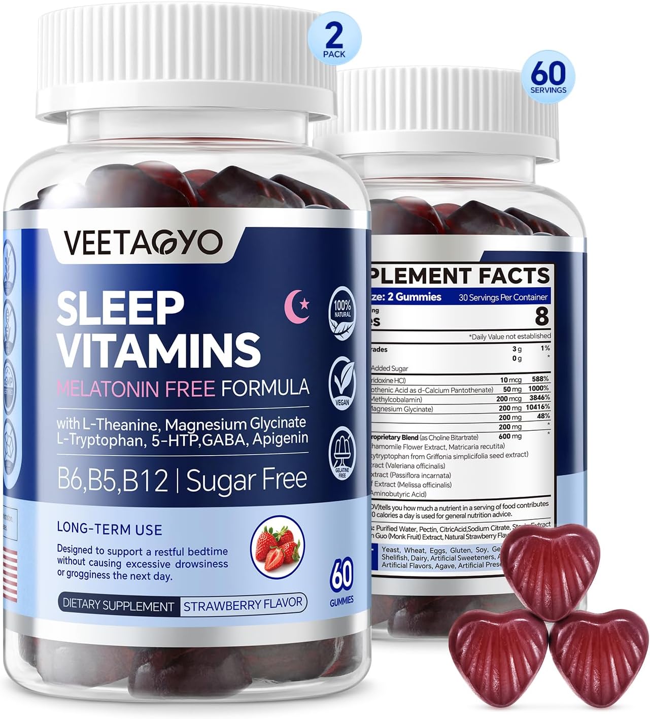 VEETAGYO Melatonin Free 5-HTP GABA Supplement Gummies for Adults & Kids 12+ with L-Theanine, Magnesium Glycinate, L-Tryptophan, Apigenin - Sugar Free, Strawberry Flavor, Vegan, 120 Count