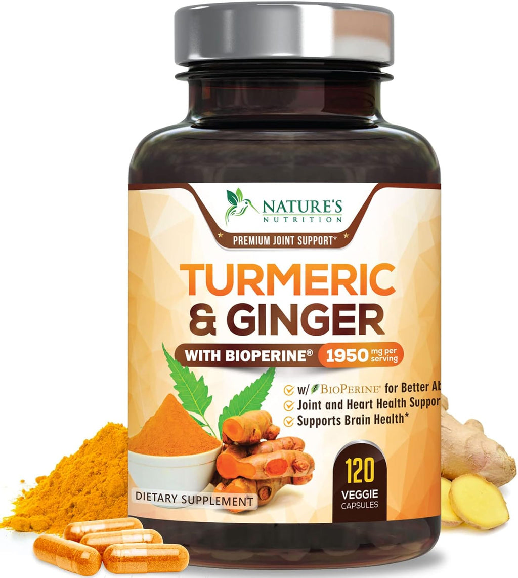 Turmeric Curcumin Supplement - 95% Curcuminoids with Organic Turmeric & Ginger, BioPerine Black Pepper Extract for Best Absorption, Natural Vegan Joint Support, Non-GMO, Bottled in USA - 120 Capsules