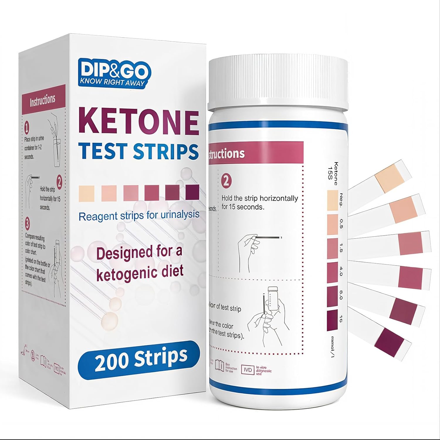 DIP&GO Ketone Test Strips, 200 Keto Strips Urine Test, Fast & Accurate Keto Test for Ketosis, Low-Carb Diet Support & Weight Management