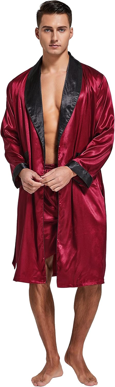 TONY AND CANDICE Men's Satin Robe Lightweight Long Sleeve Silk Kimono Bathrobe with Shorts Set Sleepwear