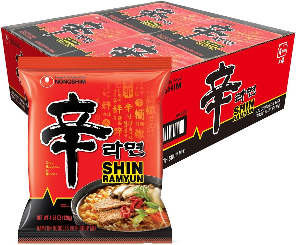 Nongshim Shin Ramyun Noodles, Spicy Korean Signature Instant Ramyun, Rich Beef Flavored Broth, Microwaveable, Korean Instant Noodles, 4.23 oz (Pack of 16), Packaging May Vary