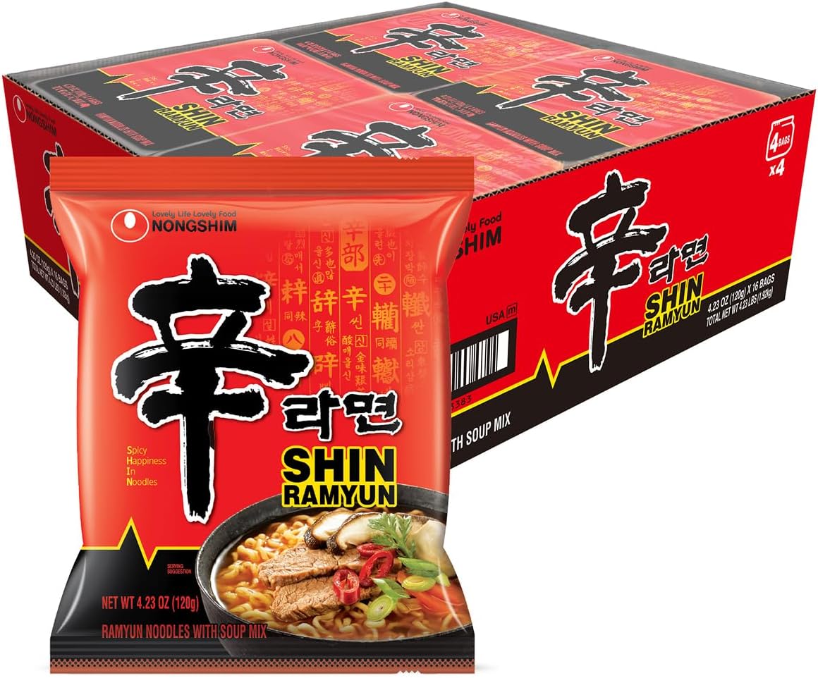 Nongshim Shin Ramyun Noodles, Spicy Korean Signature Instant Ramyun, Rich Beef Flavored Broth, Microwaveable, Korean Instant Noodles, 4.23 oz (Pack of 16), Packaging May Vary