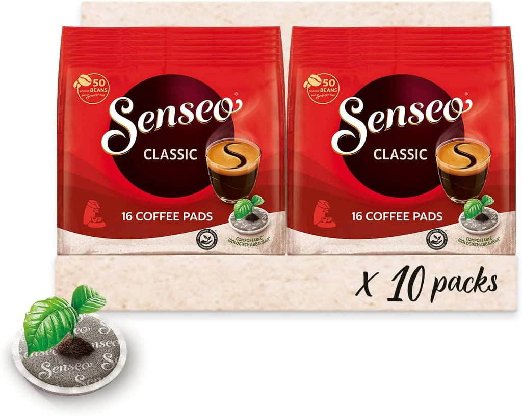 Senseo Classic Medium Roast Coffee Pods, Single Serve Pods Bulk Pack for Senseo Coffee Machine, Compostable Pods for Hot or Iced Coffee, Cold Brew Coffee, 16 Count, Pack of 10