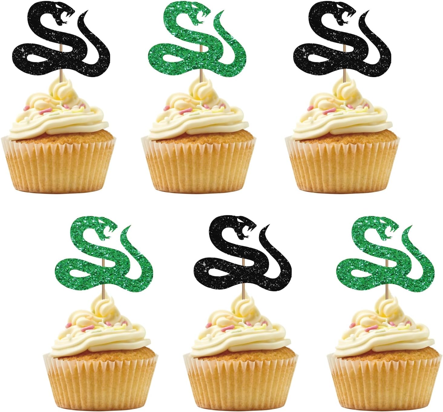 Set of 24 Snake Cupcake Toppers for Reptile Pet Theme Party, Black & Green Glitter Snake Sign Cupcake Toppers, Cake Decorations for 1st Birthday/Animal Theme Party Supplies