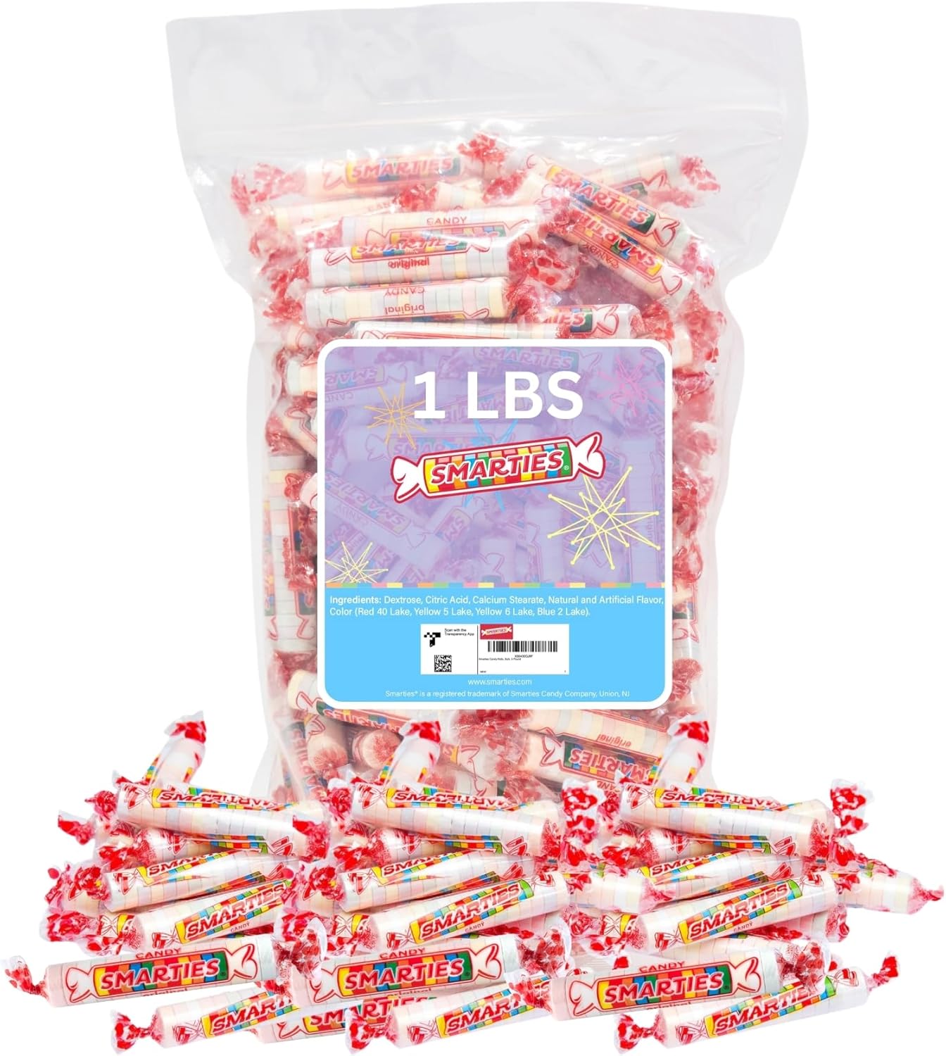 Smarties Candy Bulk Rolls Original Flavor, Gluten & Vegan Free, Classic Sweetness from Family Owned Company Since 1949, Peanut-Free & Dairy-Free, Perfect Halloween, 1 lb Bag