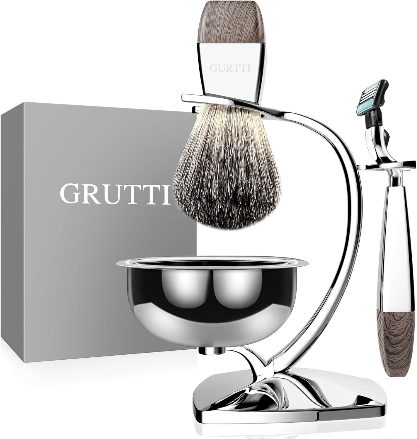 GRUTTI Luxury Safety Razor Shaving Kit for Men, with Shaving Bowl, Brush, Shave Razor Stand and Manual Safety Razor, Compatible with Mach 3 Unique Wet Shave Set Gifts for Men