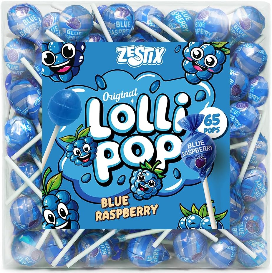 Blue Raspberry Mini Lollipops – 65 Count Bulk Candy Pack, Individually Wrapped Suckers – Fruity Blue Raspberry Flavor – Party Candy, Parade Treats, Back to School, Birthday Favors & Baby Showers