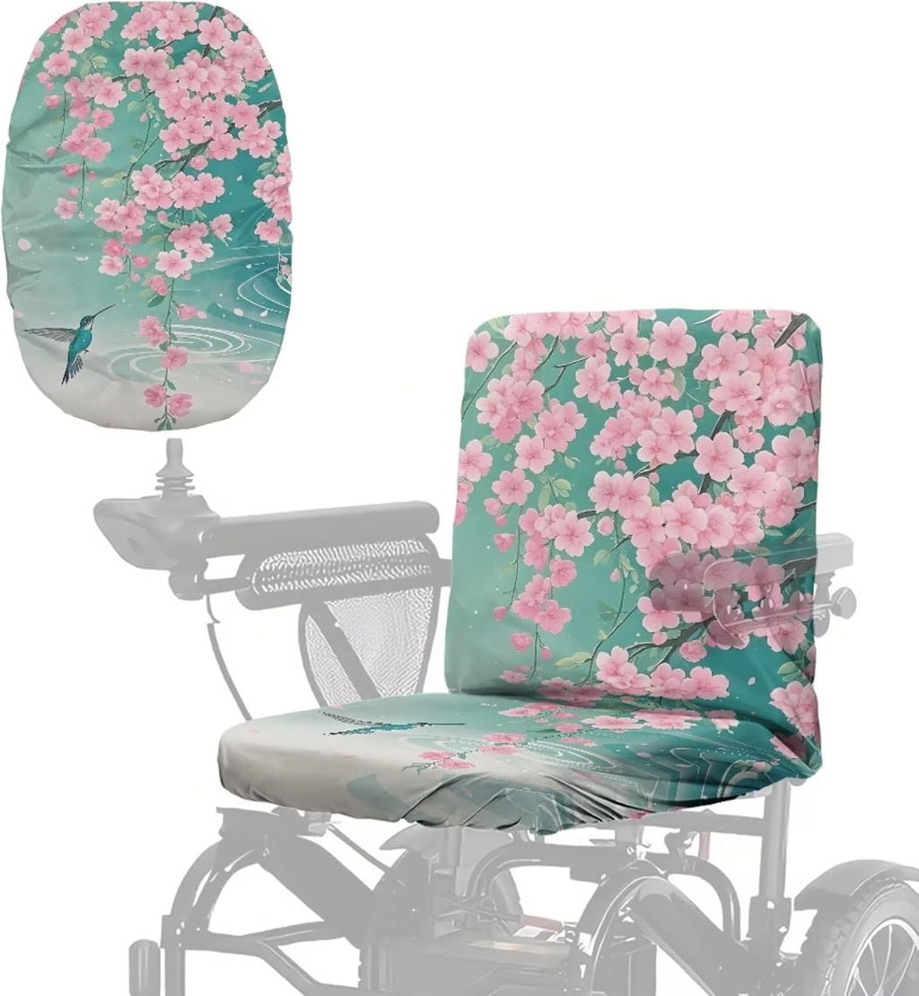 Mobility Scooter Seat Cover, Universal Fit Polyester Power Wheelchairs Seat Protector with Adjustable Buckle, Teal Cherry Blossoms Hummingbird Print, 35 x 18 Inch
