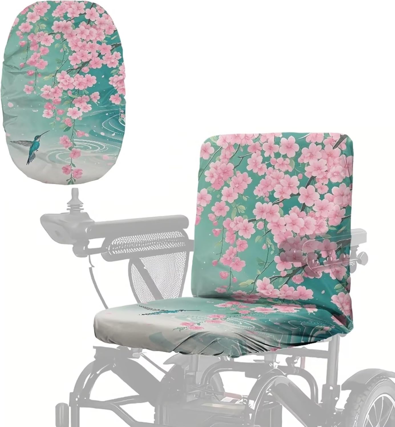 Mobility Scooter Seat Cover, Universal Fit Polyester Power Wheelchairs Seat Protector with Adjustable Buckle, Teal Cherry Blossoms Hummingbird Print, 35 x 18 Inch