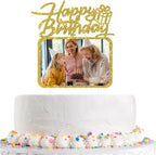 Happy Birthday Cake Topper with Photo Frame, Girl Boy Woman Man Birthday Photo Picture Cake Topper, Anniversary Party Cake Decorations Gold Glitter