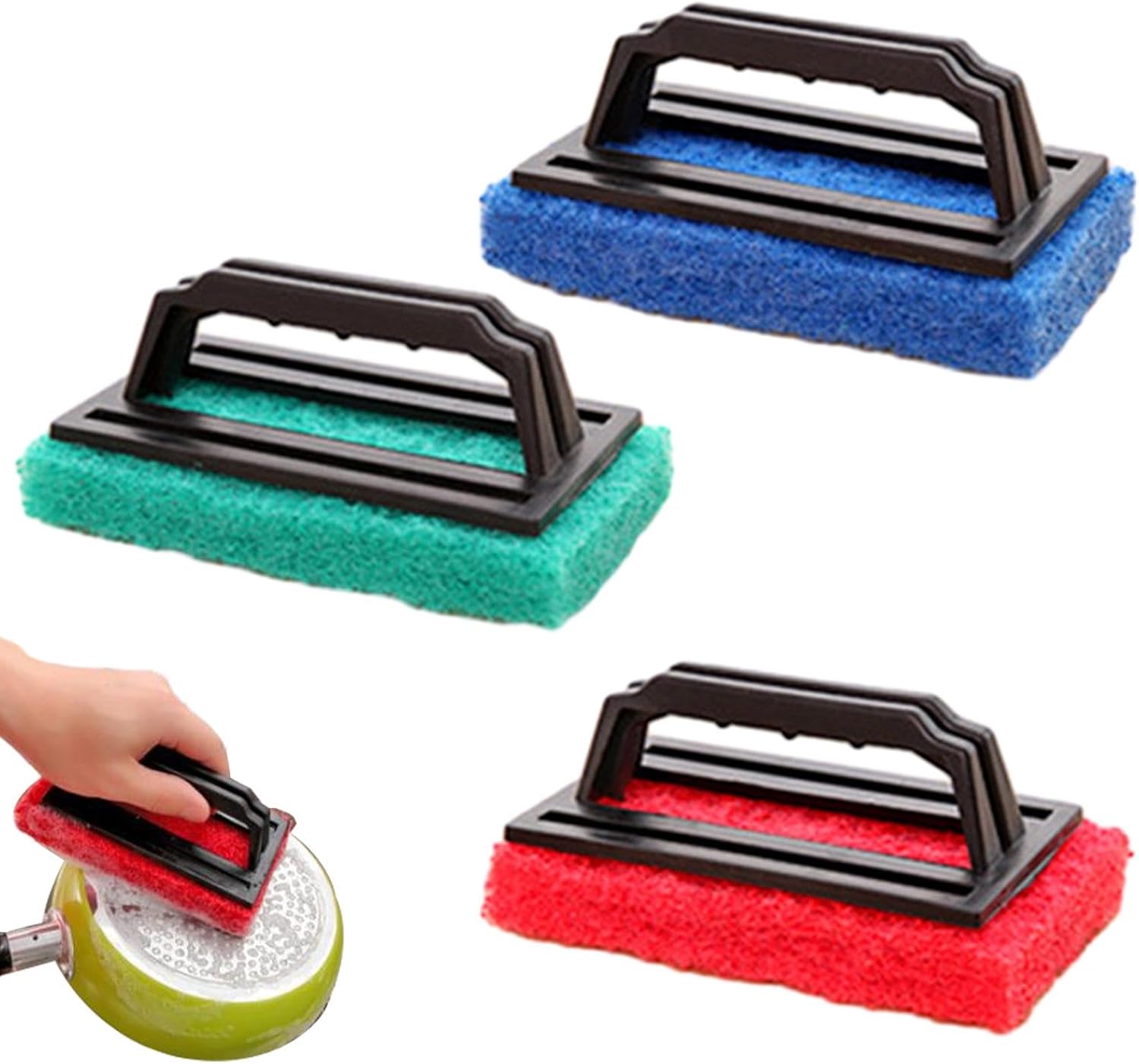 3 Pcs Hand-Held Pool Scrub Brush, Pool Cleaning Scrubbing Sponge Pad, Bathroom Scouring Pad, Bathtub Scrubber with Handle for Shower Tile, Bathtube, Sink, Spas Tubs & Swimming Pools Step (3 Colors)