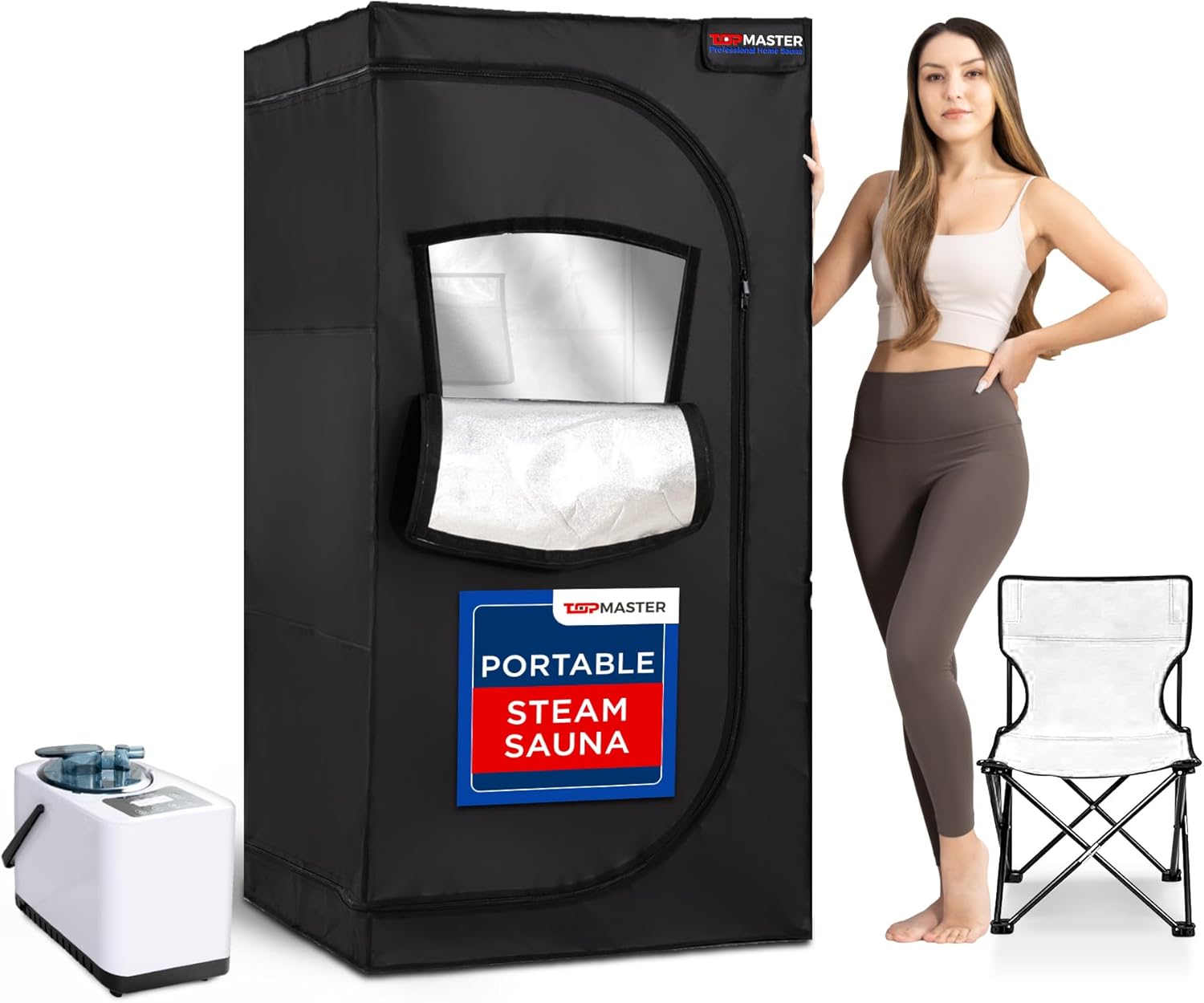 TopMaster Portable Sauna Steam Tent - Full Size Home Personal Sauna Box with 3-Liter 1000W Generator, Includes Folding Chair, 9 Heat Levels