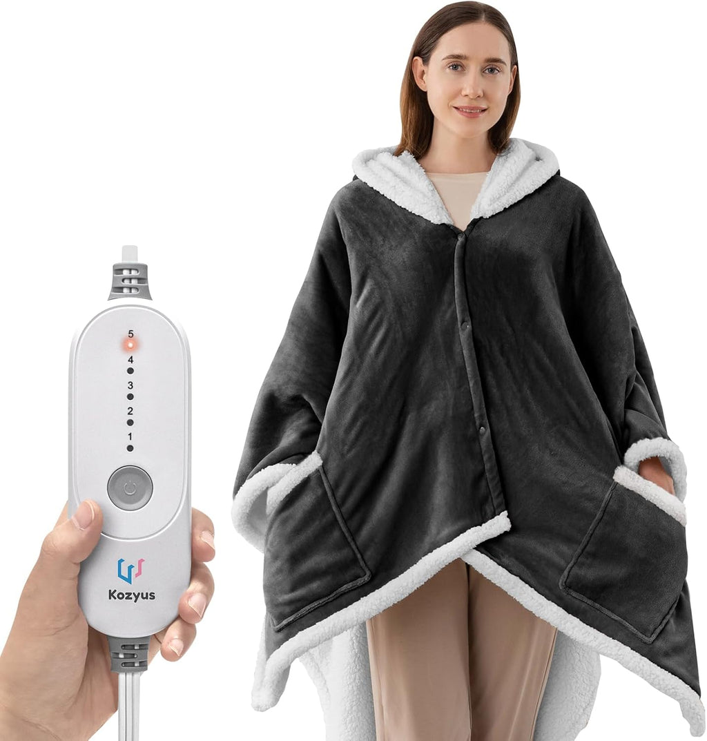 Wearable Heated Throw Blanket, Heated Shawl Electric Wrap Poncho with Hood & Pockets for Women & Men, 5 Heat Settings, 3H Auto-Off, Machine Washable, ETL Certified, Gift-Ready, 56x63, Grey
