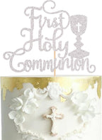 1 PCS First Holy Communion Cake Topper Glitter Baby Baptism Christening Cake Pick God Bless Cake Decorations for First Communion Theme Baby Shower Birthday Party Supplies Silver