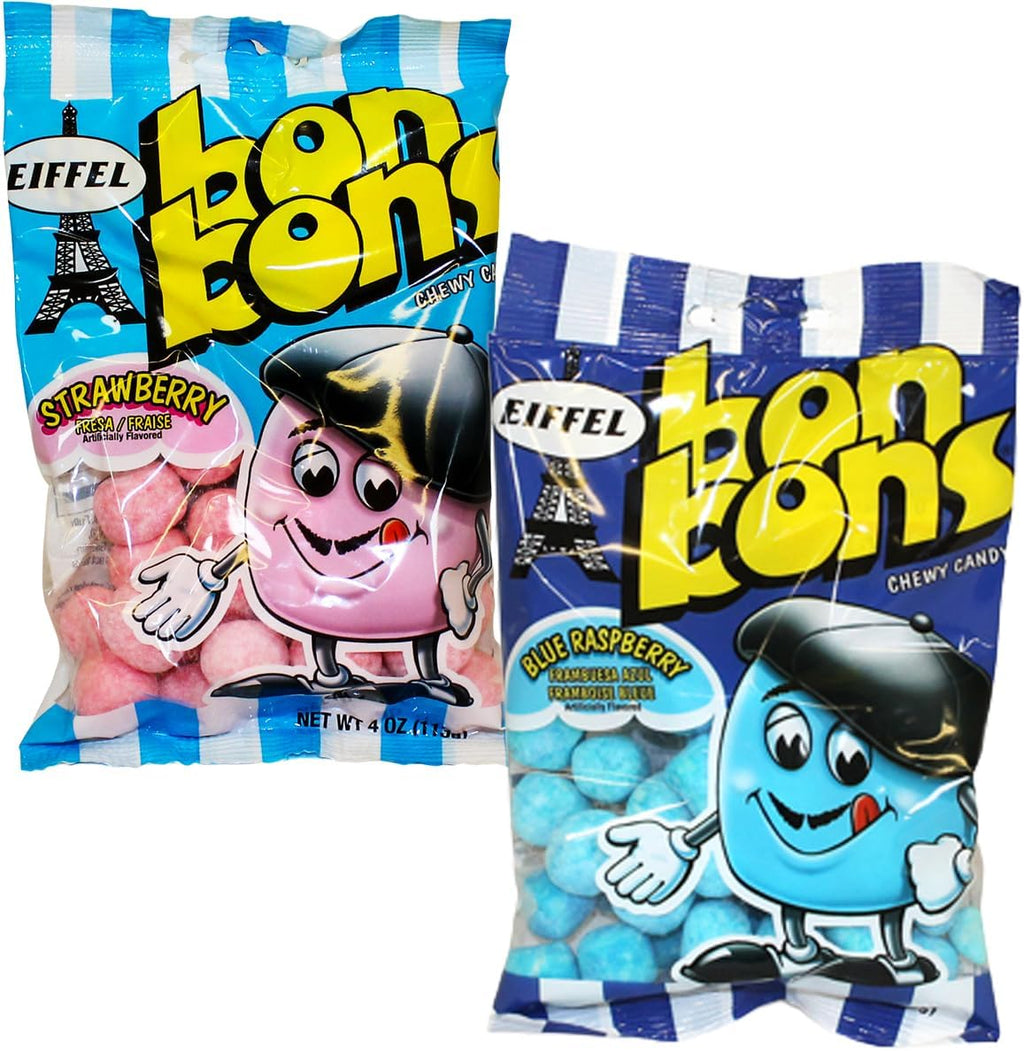 Eiffel Bon Bons Variety 2 Pack, 4 Ounce Each (Pack of 2) Blue Raspberry & Strawberry, Chewy Candy Snack, The Hampton Popcorn & Candy Company