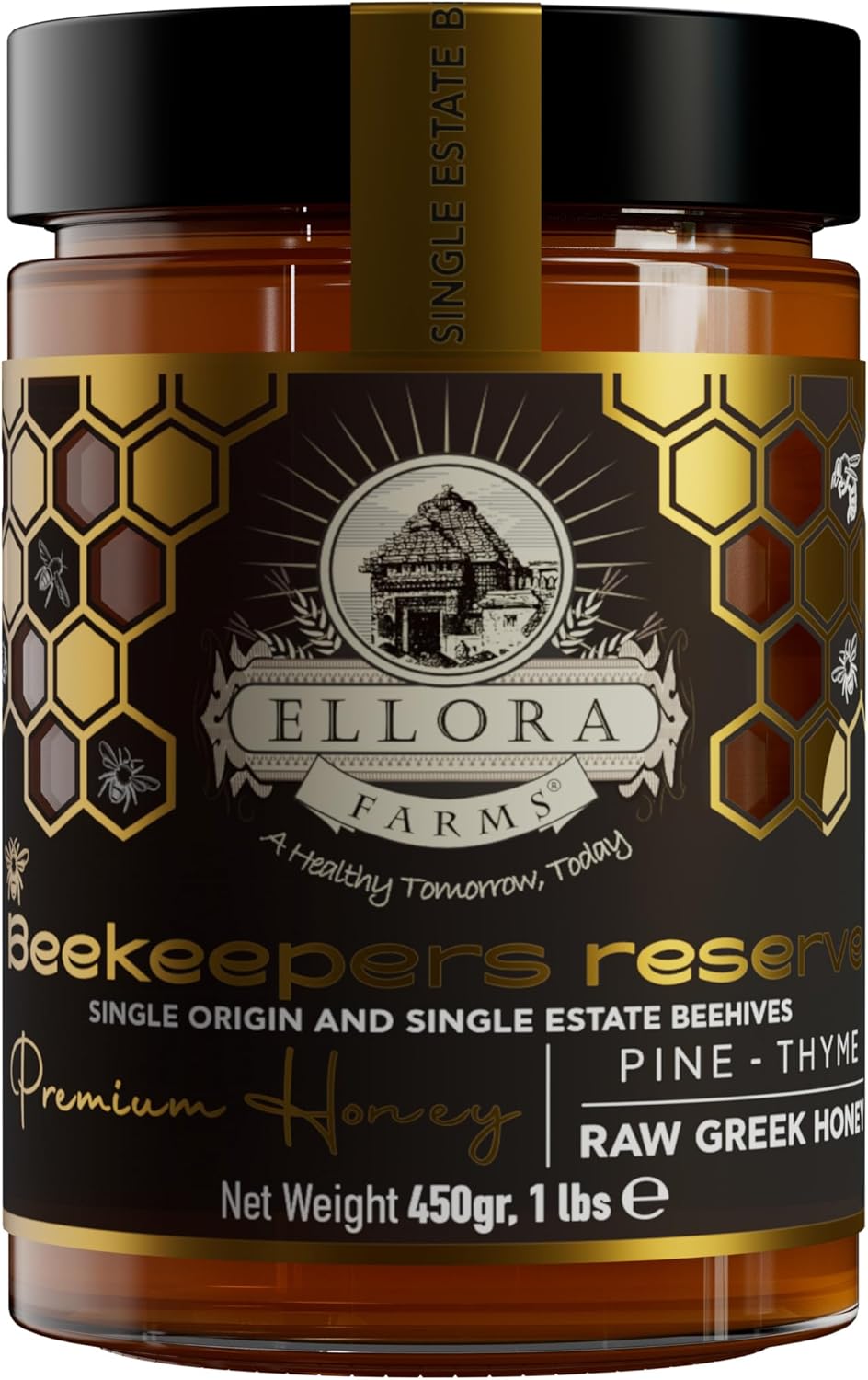 Ellora Farms Greek Honey Single Estate PDO, Pine & Thyme Raw Honey Unfiltered, Beekeepers Reserve, Pure Raw & Unfiltered Cold-Pressed, Gluten Free - 450 g