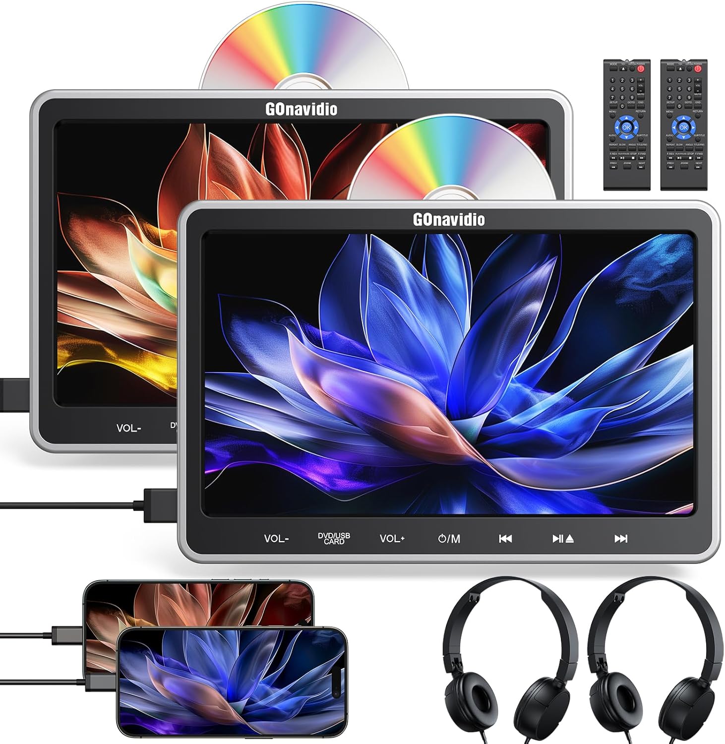 GOnavidio 10.1" Dual Car DVD Players for Kids with HDMI Input 2 Headphones Mounting Bracket, Play Same/Different Movies, Last Memory, Region Free, USB SD, Dual Speakers, No Battery(2 DVD Players)
