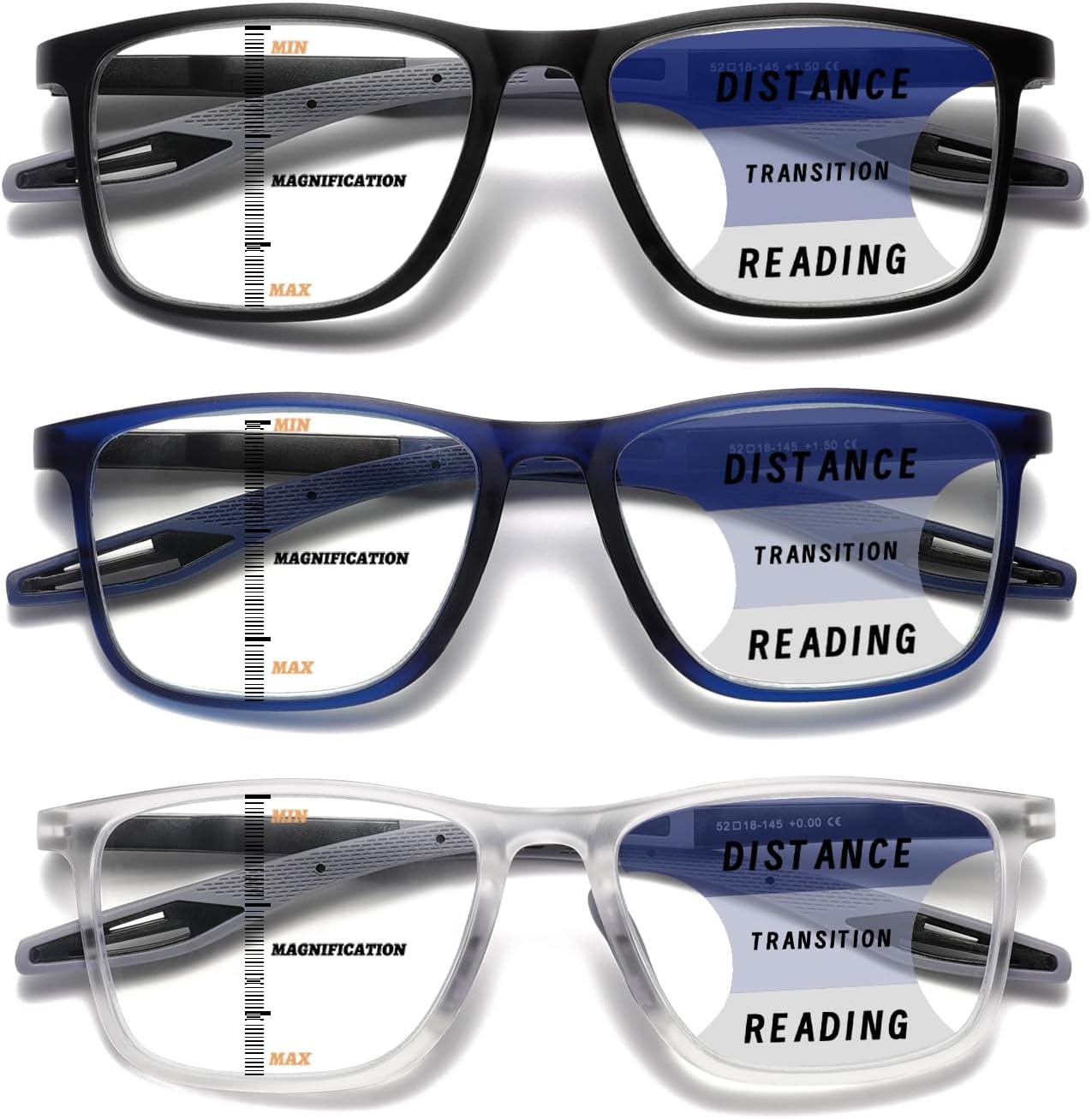 Hubeye Progressive Reading Glasses for Men and Women Ultralight Flexible Anti-Blue Light Readers（Matte Black+Clear+Matte Blue，+2.5）