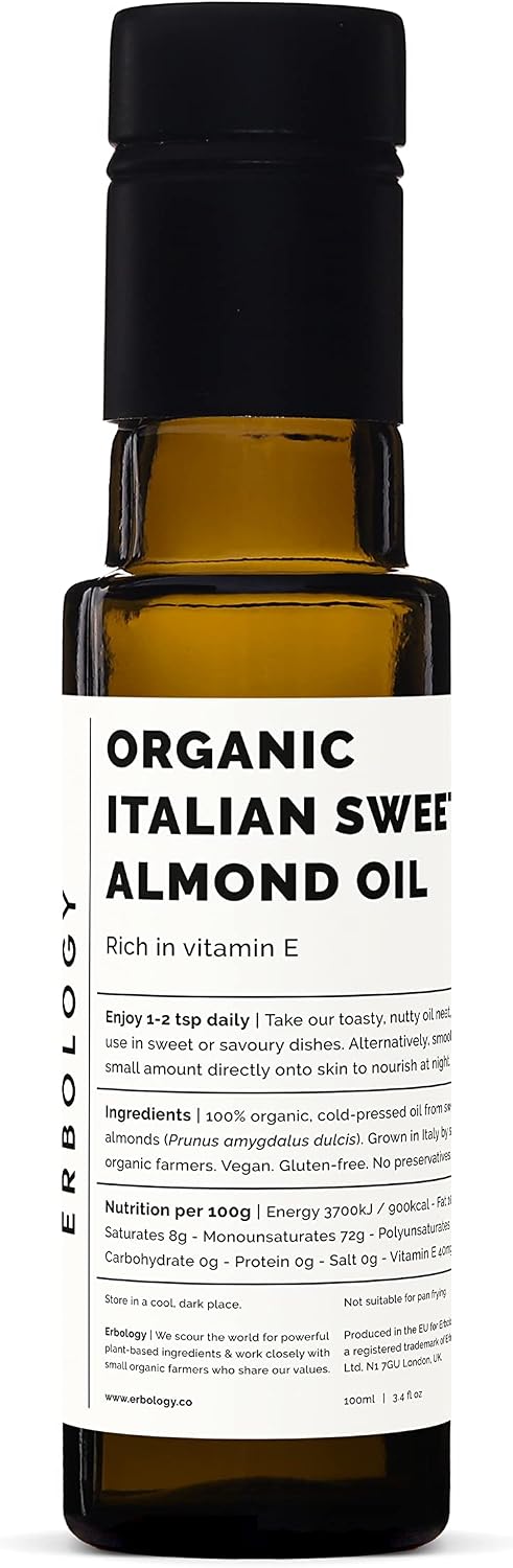 100% Organic Sweet Almond Oil 100ml - Cold-Pressed - Rich in Skin-Nourishing Vitamin E - Straight from Farm in Italy - Non-GMO - No Additives or Preservatives - Recyclable Glass Bottle