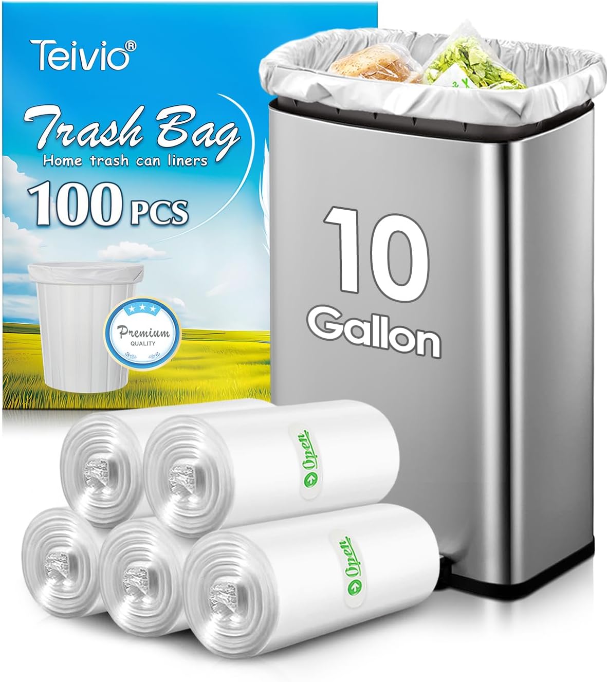 10 Gallon 100 Counts Medium Trash Bags Garbage Bags by Teivio, Bathroom Trash Can Bin Liners, Plastic Bags for home office kitchen, Clear