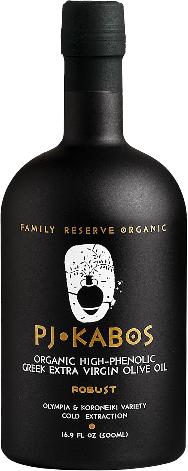 PJ KABOS Very High Phenolic (699 mg/kg), USDA Organic Greek Extra Virgin Olive Oil, Kosher, Greece, Cold Extracted, 16.9oz Bottle, Family Reserve Organic - Robust