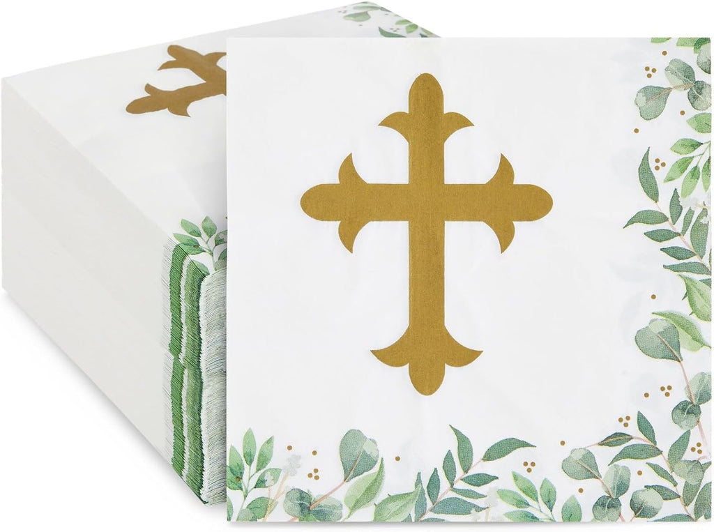 Sparkle and Bash Baptism Napkins Cross Design for Christening Decorations - 100 Pack, 2-Ply, 6.5 x 6.5 In