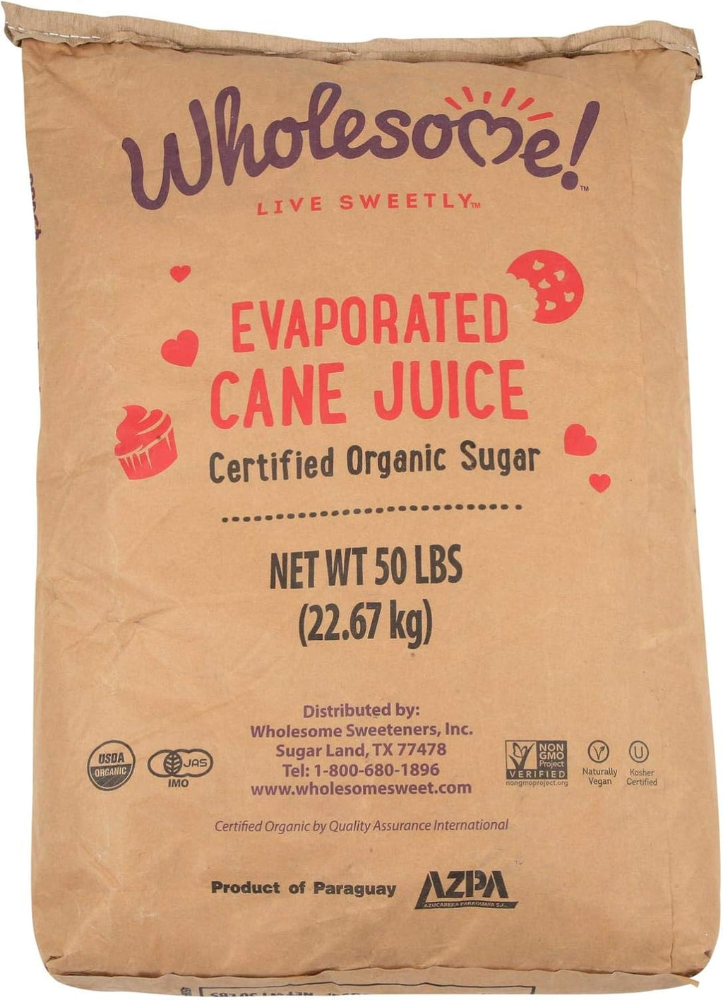 Wholesome Organic Cane Sugar, Non GMO & Gluten Free, 50 Pound (Pack of 1), (Packaging May Vary)
