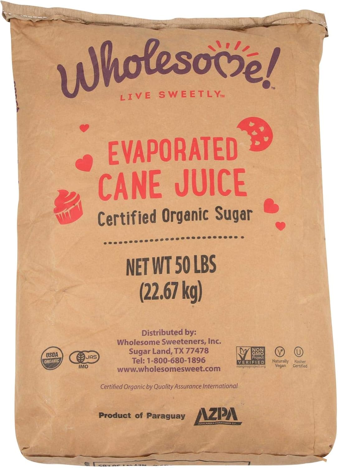 Wholesome Organic Cane Sugar, Non GMO & Gluten Free, 50 Pound (Pack of 1), (Packaging May Vary)