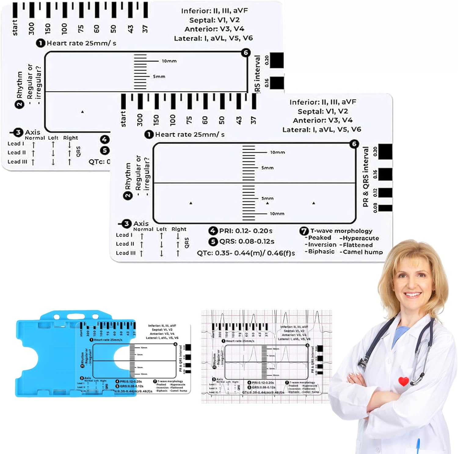 2PCS ECG Ruler, ECG 7 Step Ruler for ECG/EKG Interpretation, Transparent EKG Calipers Measuring Tool, Follow a 7 Step Plan, Portable ECG Assessment Tool EKG Card