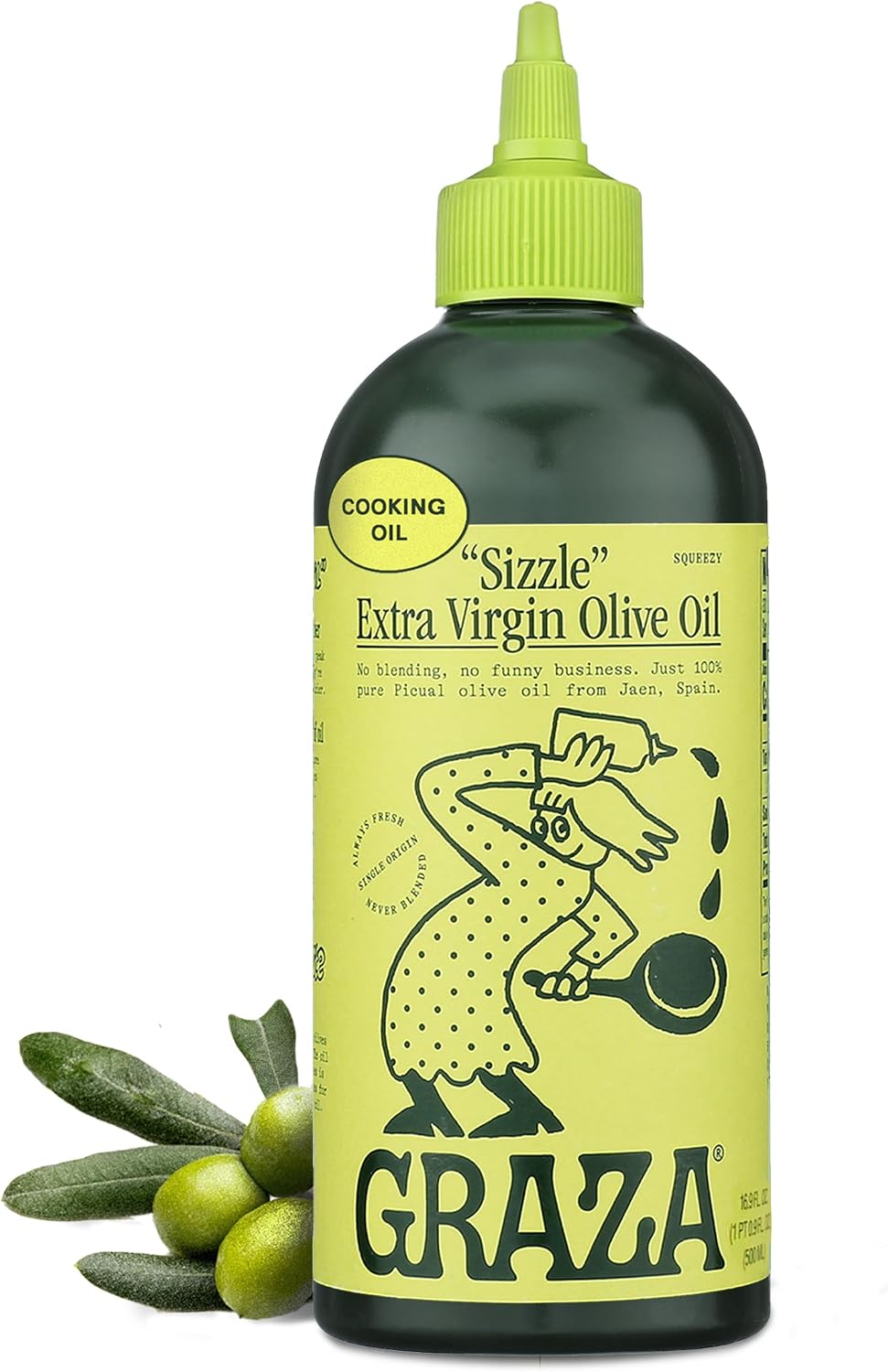 Graza Sizzle Extra Virgin Olive Oil, Cooking Oil - High Polyphenol Peak Harvest EVOO Cooking Oil in a Squeeze Bottle - Single Farm Olives from Spain - 16.9 Fl Oz (500ml)