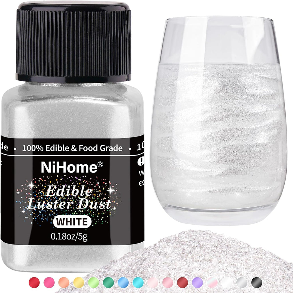 NiHome Edible Food-Grade Glimmer Powder Glitter Luster Dust Metallic Food Decorating Sprinkle Glimmery Dust for Drink Wine Beverage Cake Candy Dessert Bakery Restaurant Vegan (0.18oz/5g, White)
