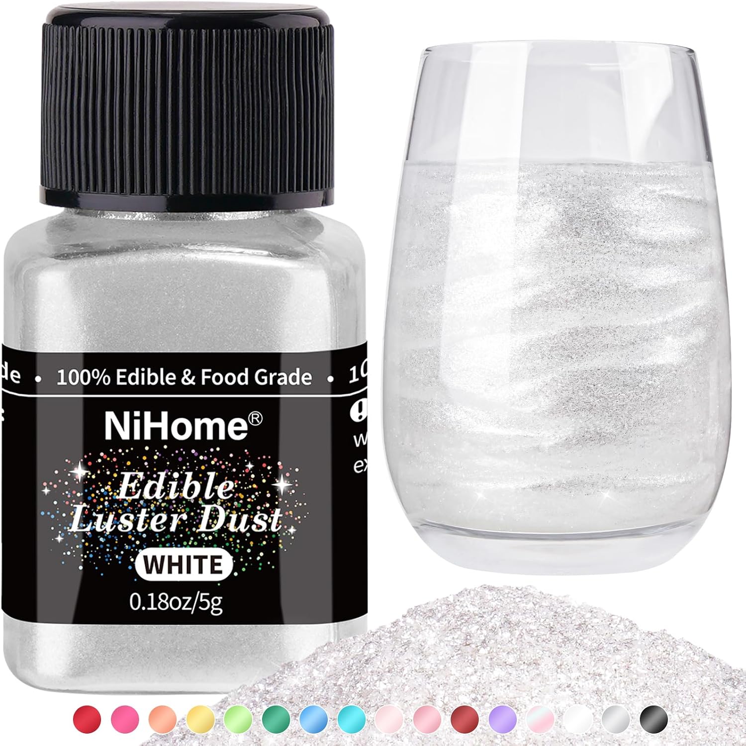 NiHome Edible Food-Grade Glimmer Powder Glitter Luster Dust Metallic Food Decorating Sprinkle Glimmery Dust for Drink Wine Beverage Cake Candy Dessert Bakery Restaurant Vegan (0.18oz/5g, White)