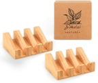Shampoo Bar and Sponge Holders for Shower – Self-Draining Bamboo Soap Dish Tray, 2 Pack Wooden Soap Saver Racks for Conditioner Bars, Razor, Sink, Bathroom, Kitchen, or Travel