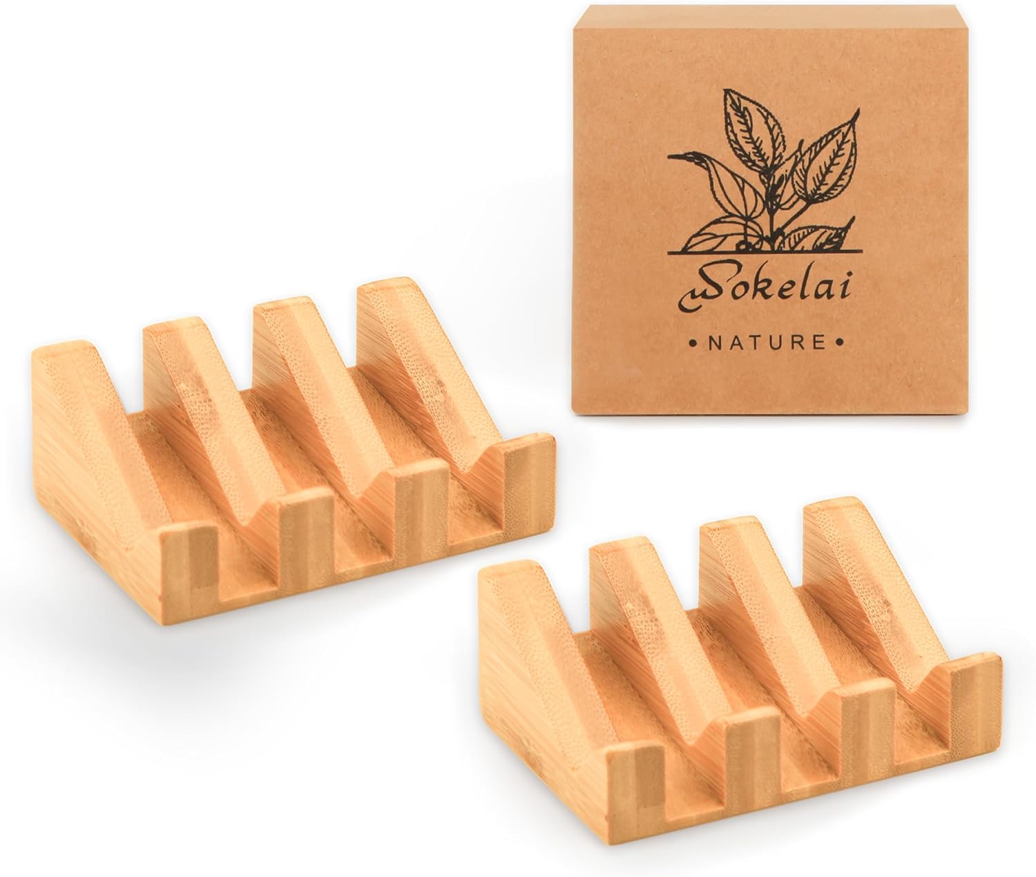Shampoo Bar and Sponge Holders for Shower – Self-Draining Bamboo Soap Dish Tray, 2 Pack Wooden Soap Saver Racks for Conditioner Bars, Razor, Sink, Bathroom, Kitchen, or Travel